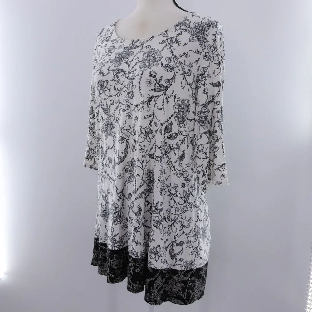 J.jill Wearever Collection Medium Black‎ White Floral Print 3/4 Sleeve Dress
